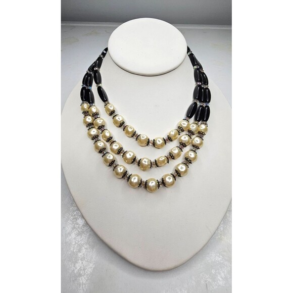 Vintage Triple Strand Pearl and Black Beaded Choker Necklace 14" - Picture 1 of 6